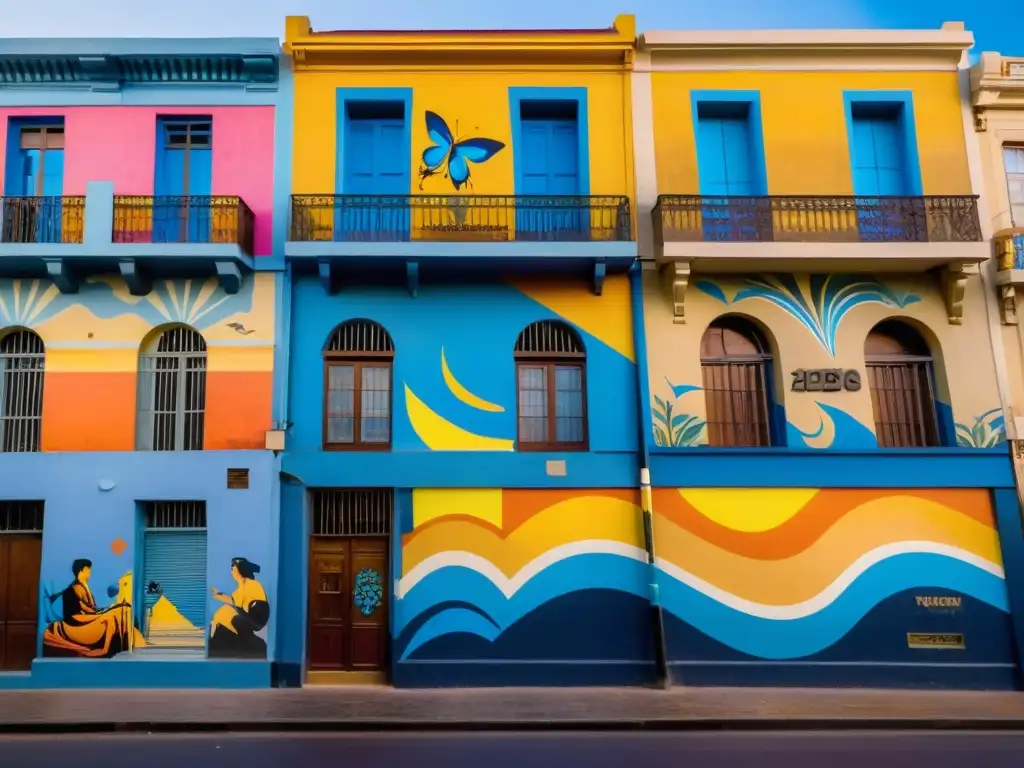 Atardecer en una calle vibrante de Montevideo, Uruguay, resaltando el arte urbano en Uruguay guía de cultura, con murales coloridos y vistas al mar