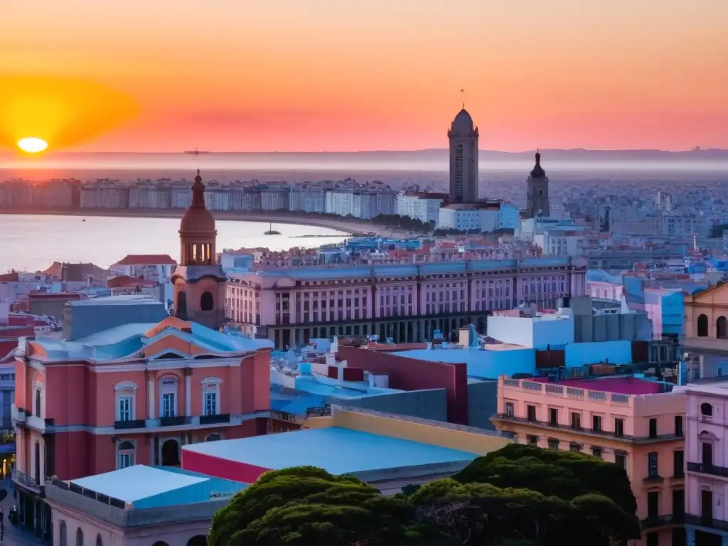 Maravillosa fotografía de viaje en Uruguay mostrando un atardecer cautivador sobre Montevideo, mezclando historia y progreso