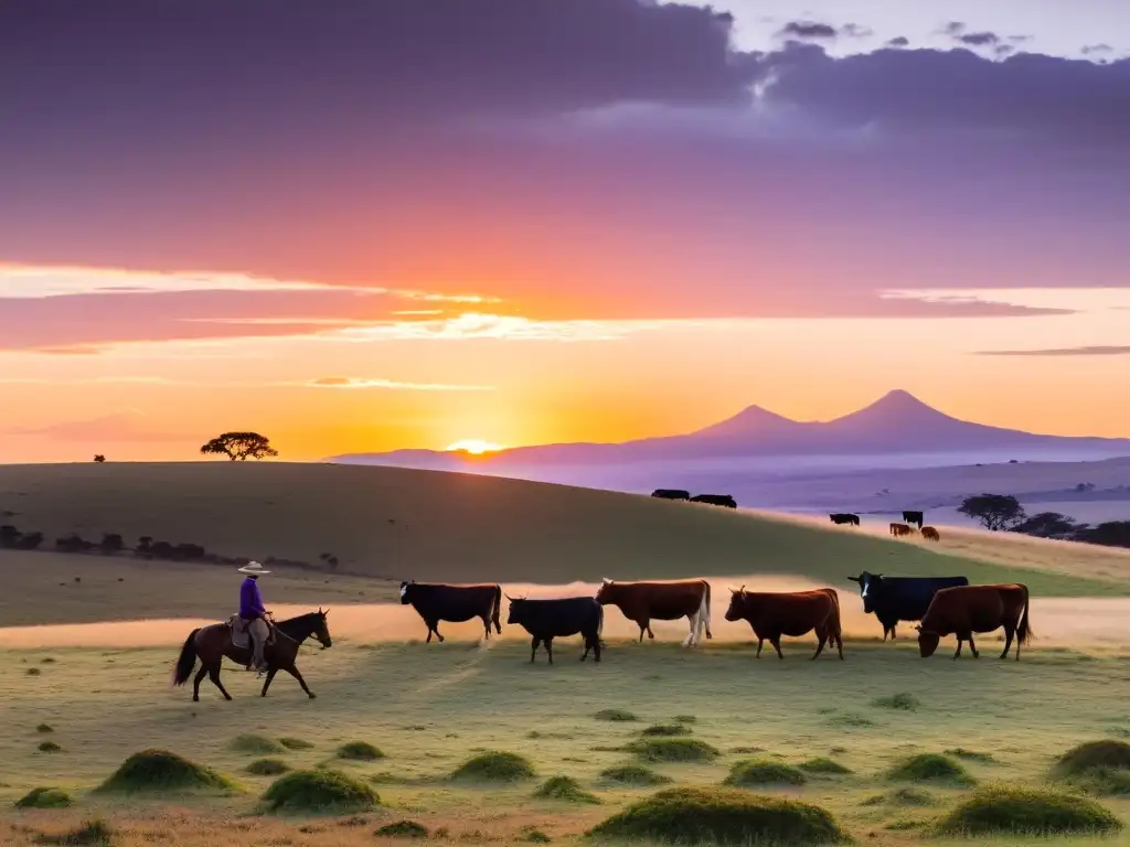 Atardecer en Cerro Largo, Uruguay, donde las tradiciones rurales cobran vida con un gaucho, su fiel perro y una tranquila manada de ganado