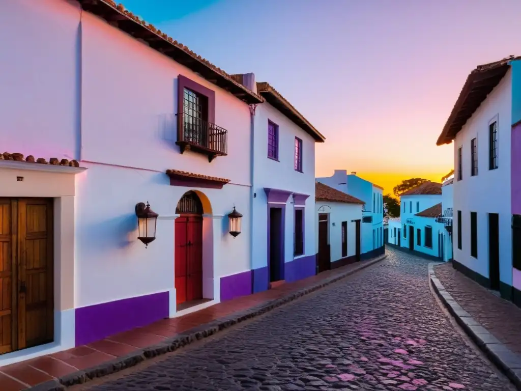 Atardecer en Colonia del Sacramento, reflejando la arquitectura colonial uruguaya en sus calles empedradas y edificios históricos