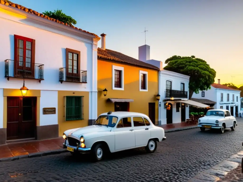 Atardecer en Colonia del Sacramento, con calles adoquinadas y un auto vintage, reflejando el Patrimonio de la UNESCO en Uruguay