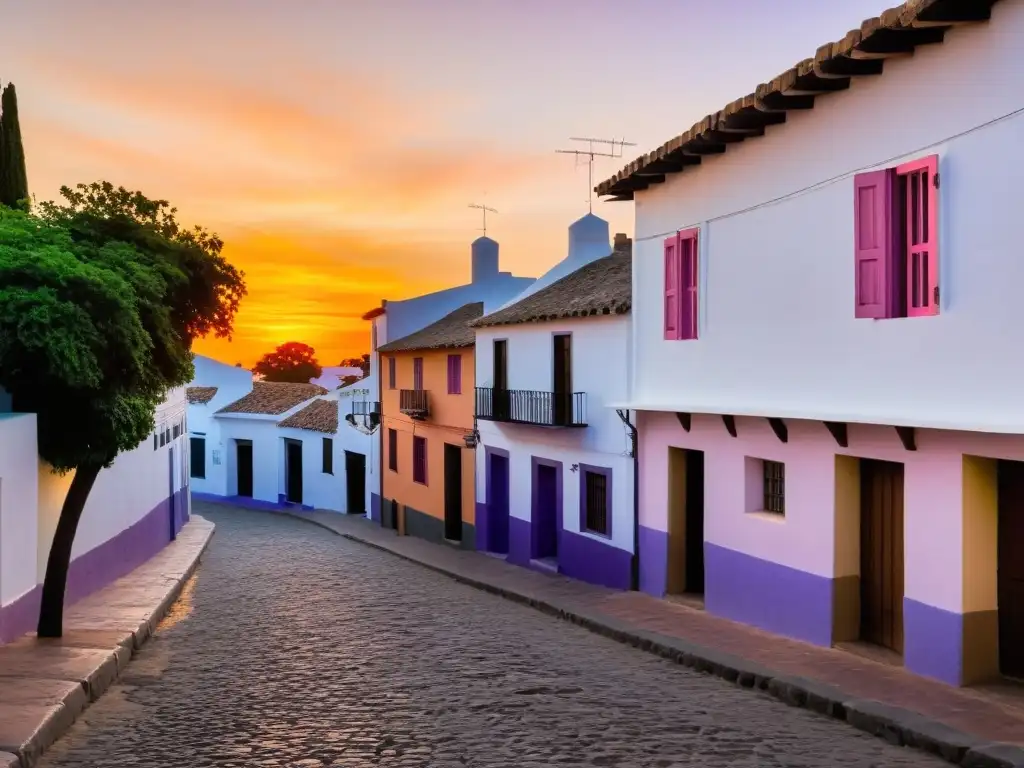 Atardecer en Colonia del Sacramento, con luces acogedoras y un asequible hostal, perfecto para Consejos alojamiento económico Uruguay