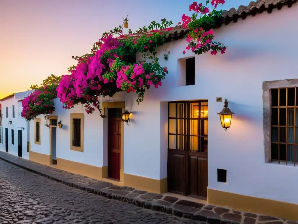 Atardecer dorado ilumina el Barrio Histórico de Colonia del Sacramento, destacando su arte y arquitectura en Uruguay