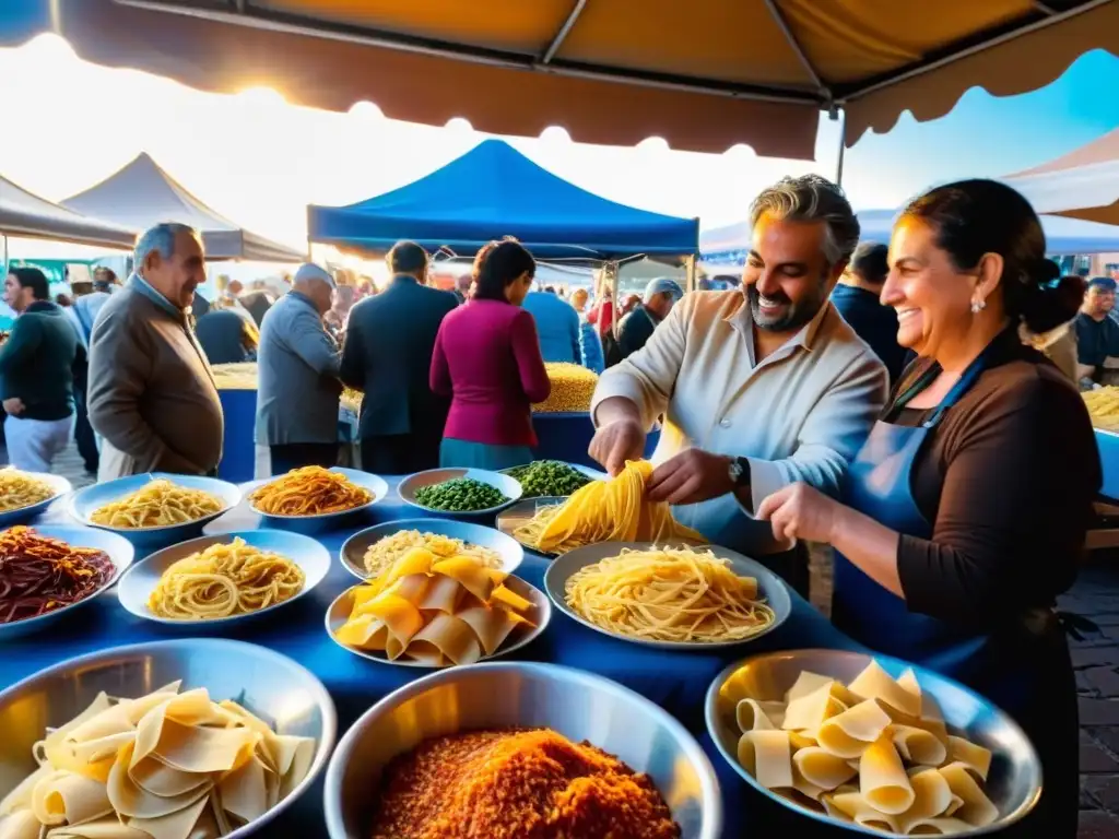 Atardecer dorado en un bullicioso mercado de pasta al aire libre en Montevideo, Uruguay, resaltando la tradición de pasta italiana en Uruguay