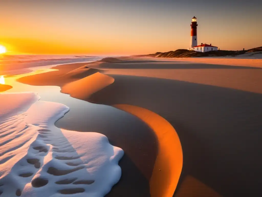 Atardecer dorado en Cabo Polonio, Uruguay, realzando su belleza natural: playa virgen, leones marinos, faro icónico y cabañas rústicas