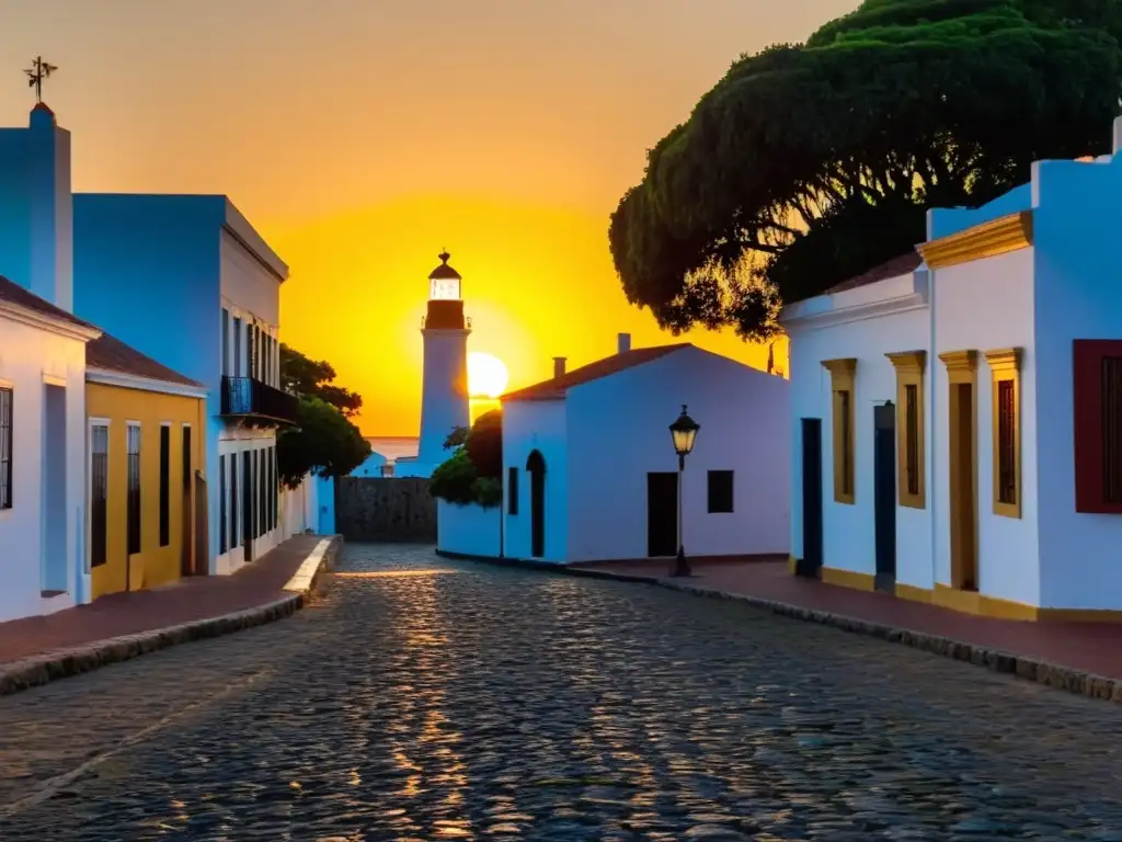 Atardecer dorado ilumina las calles empedradas y el faro icónico, enriqueciendo la historia y patrimonio de Colonia del Sacramento