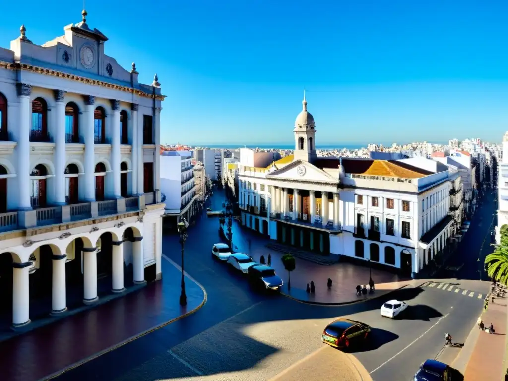 Atardecer dorado en Ciudad Vieja, Montevideo, destacando el arte y arquitectura en Uruguay: el histórico Teatro Solís y el icónico Palacio Salvo