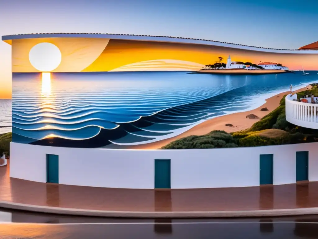 Atardecer dorado en el Club de Pesca de Punta del Este, realzando los vibrantes murales de Carlos Páez Vilaró