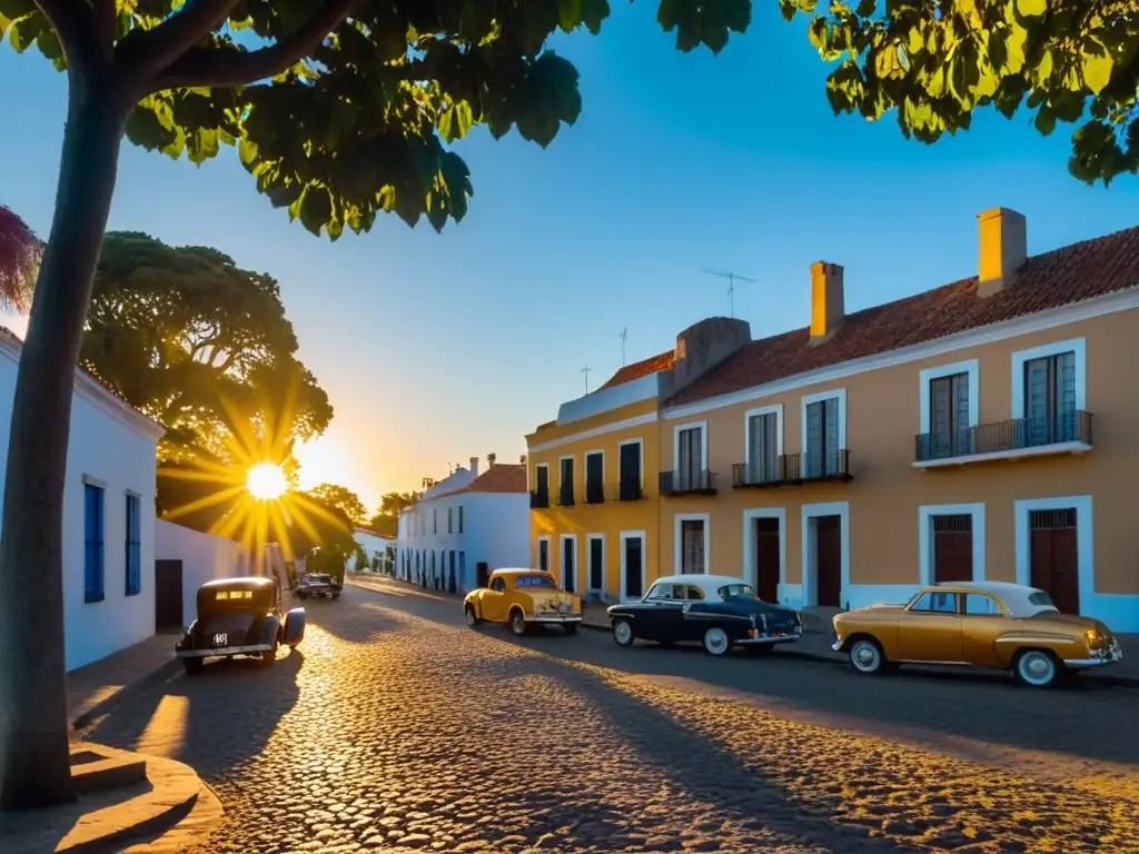 Atardecer dorado en Colonia del Sacramento, joya de las fotografías de viaje en Uruguay, con calles empedradas y autos antiguos