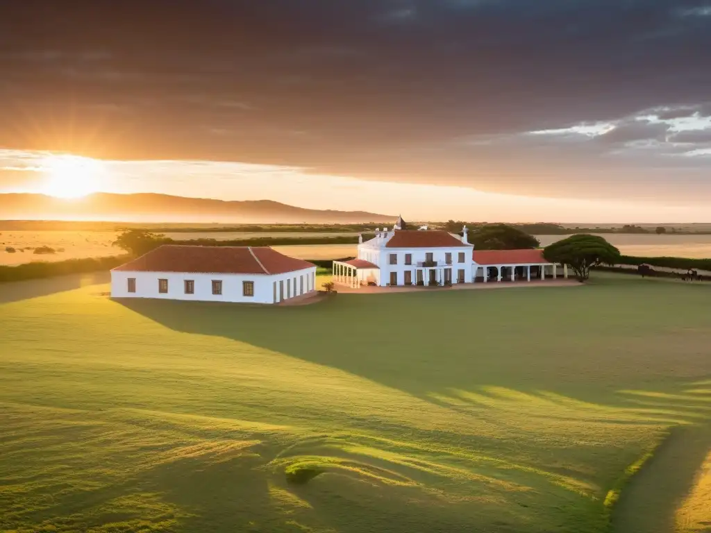 Atardecer dorado en las estancias uruguayas, cultura gauchos guiando ganado, casa colonial resaltando en el paisaje