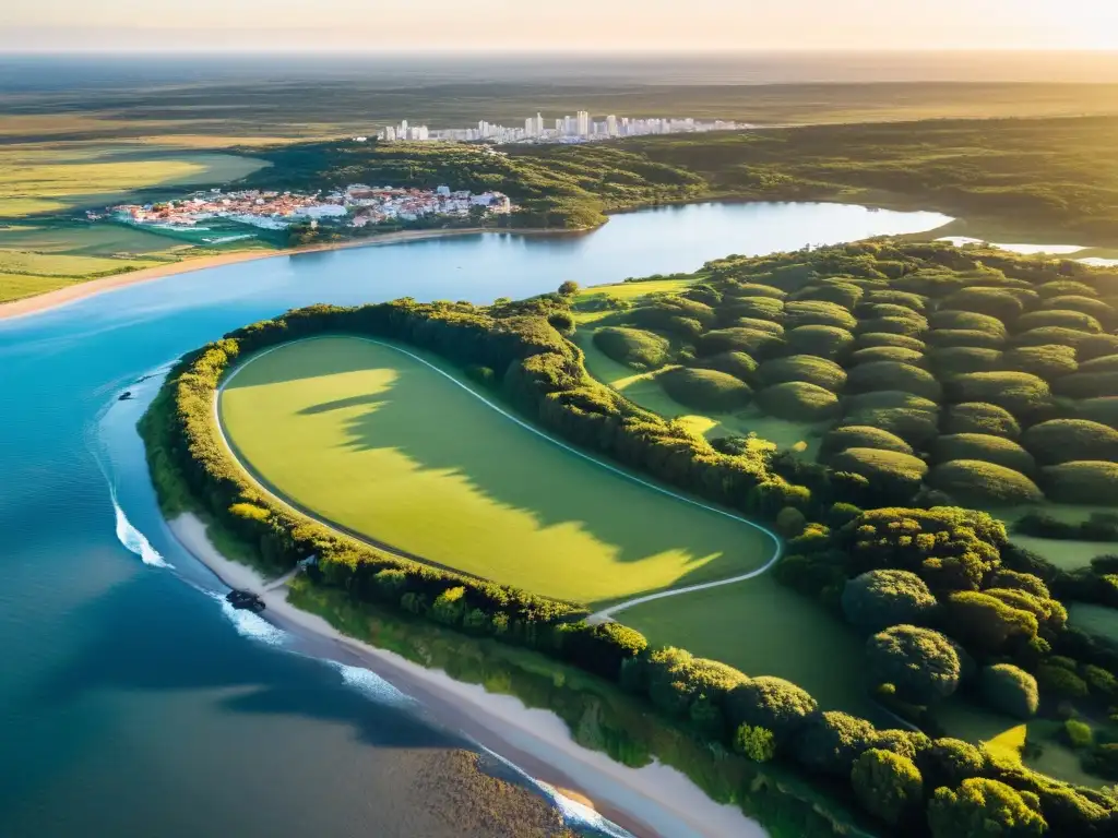 Atardecer dorado en Uruguay, uniendo gastronomía diversa uruguaya, regiones culinarias, campo verde, ciudad bulliciosa y costa azul