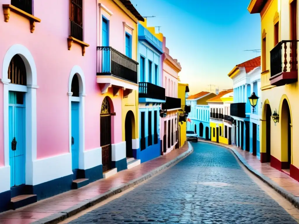 Un atardecer dorado realza la historia y arquitectura de Paysandú, Uruguay, en una calle colonial llena de vida y color