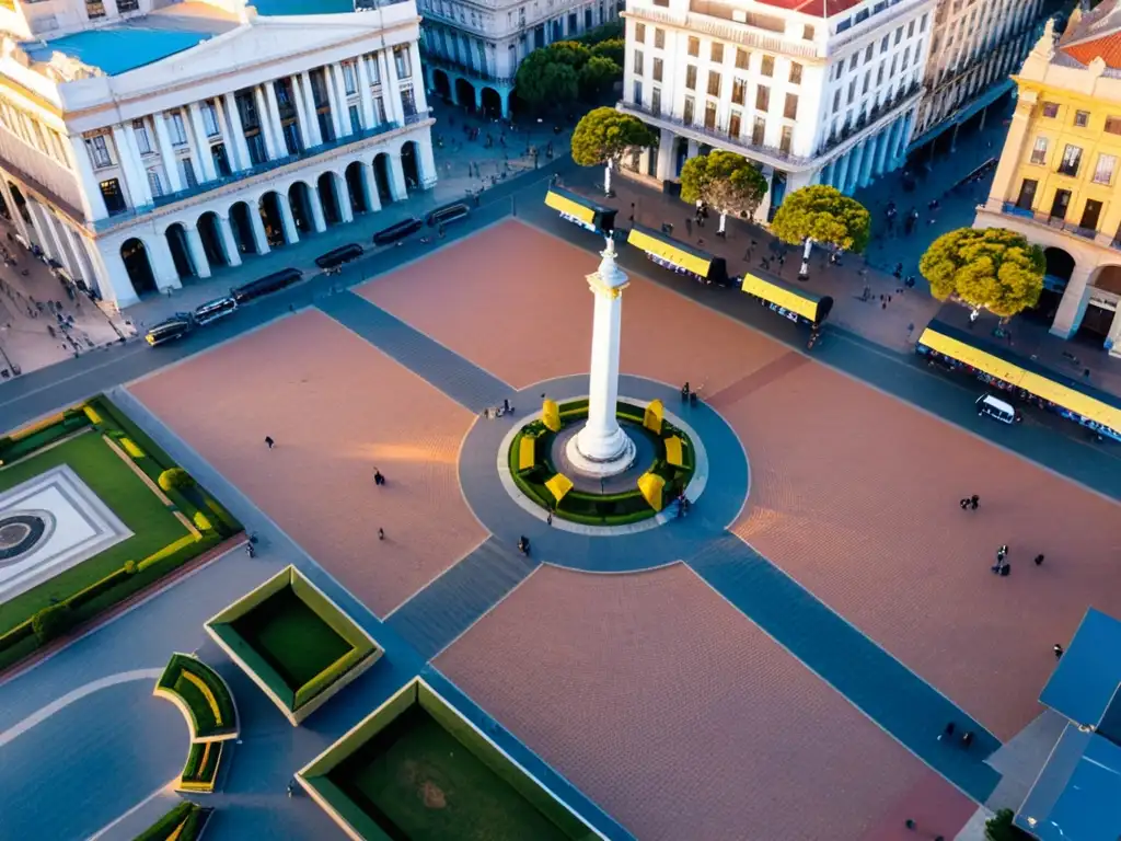 Atardecer dorado en la Historia Plaza Independencia Montevideo, mezcla vibrante de arquitectura moderna y antigua