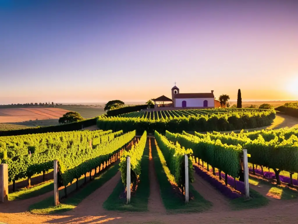 Un atardecer dorado ilumina la histórica Ruta del Vino en Uruguay, con viñedos cargados de uvas y una bodega colonial