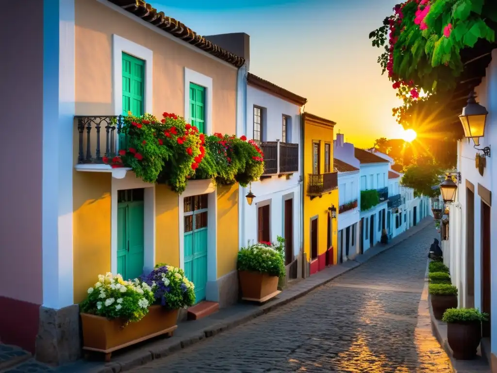 Atardecer dorado sobre el histórico Barrio de Colonia del Sacramento, Patrimonio de la UNESCO en Uruguay, con su encanto rústico y cultural