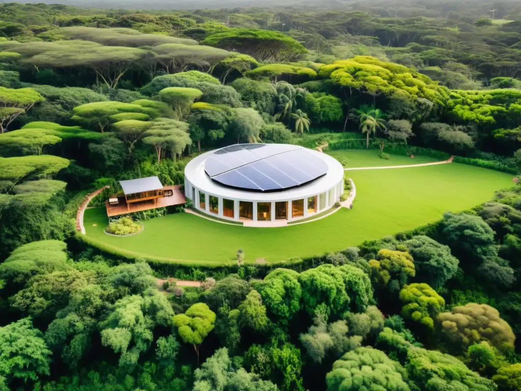 Atardecer dorado ilumina un hotel verde en Uruguay, armonioso con la naturaleza, donde huéspedes disfrutan ecoactividades