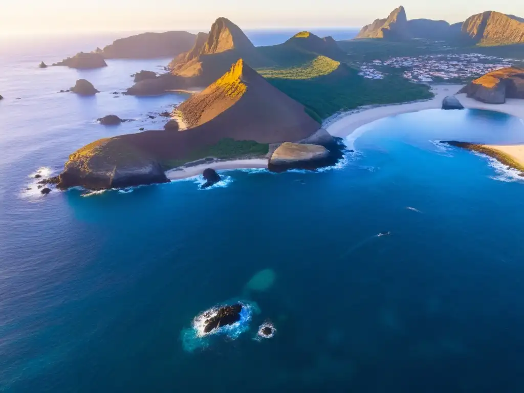 Atardecer dorado en Isla de Lobos, vida salvaje en su esplendor con leones marinos y un faro en el vasto azul oceánico