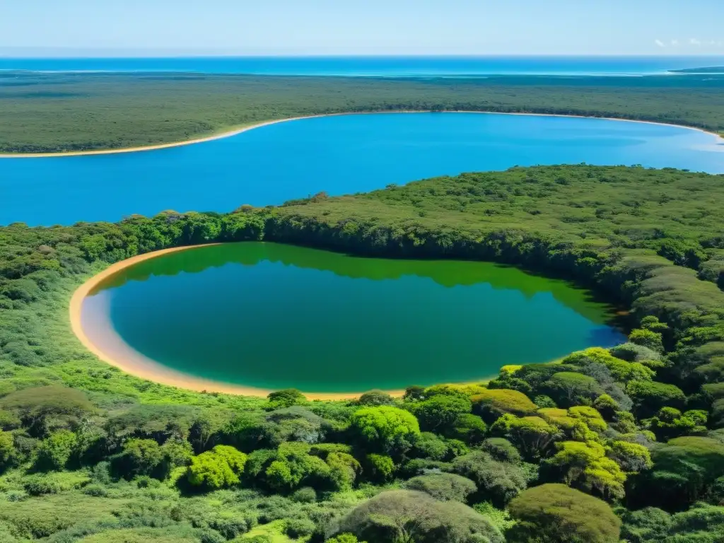 Atardecer dorado en Parque Nacional Santa Teresa Uruguay, con vibrante selva esmeralda, lago tranquilo, fauna diversa y un faro majestuoso