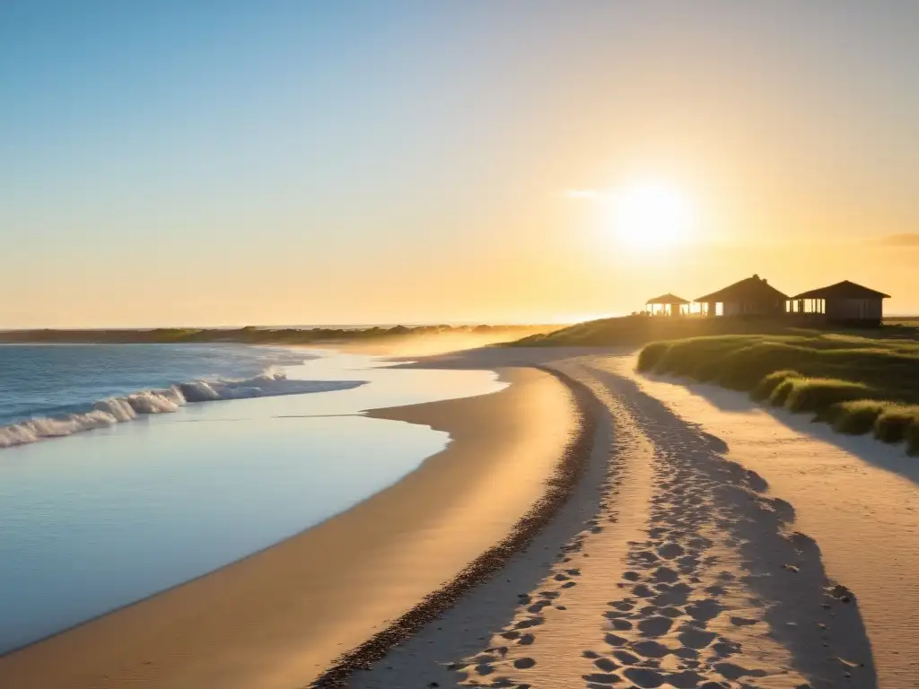 Atardecer dorado en las playas e islas de Uruguay, con el mar azul, visitantes distantes y un rústico cartel hacia 'Isla de Lobos'