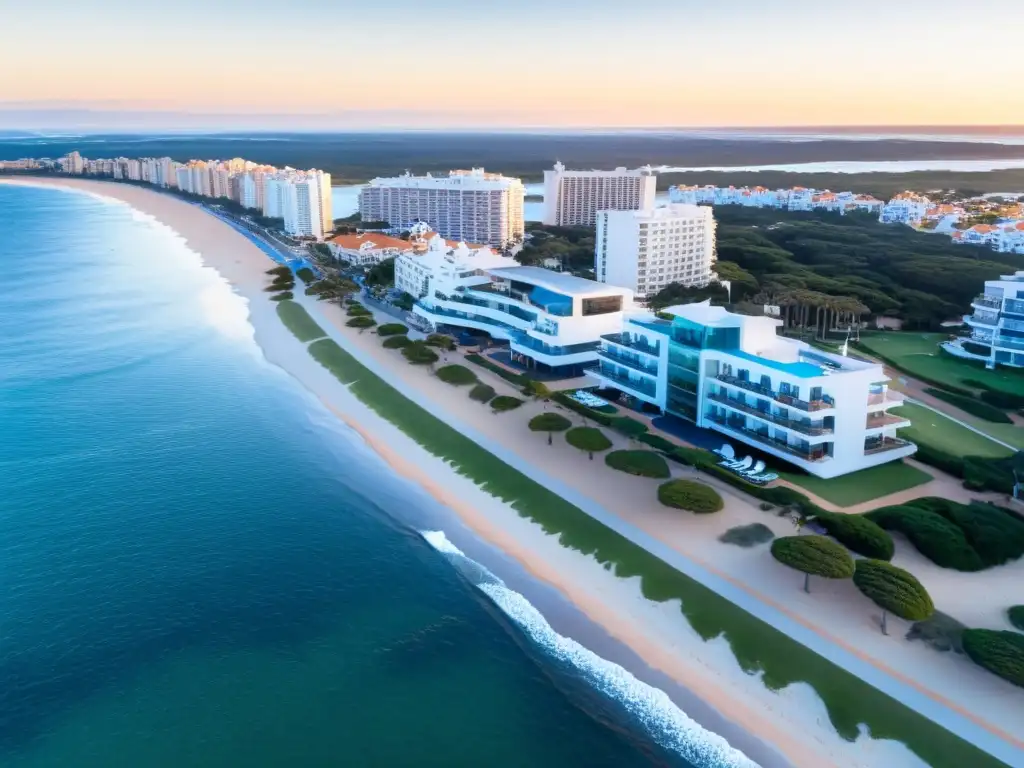 Atardecer dorado en resorts exclusivos Punta del Este, Uruguay, con yates elegantes, playa llena de vida y la famosa escultura 'Los Dedos'