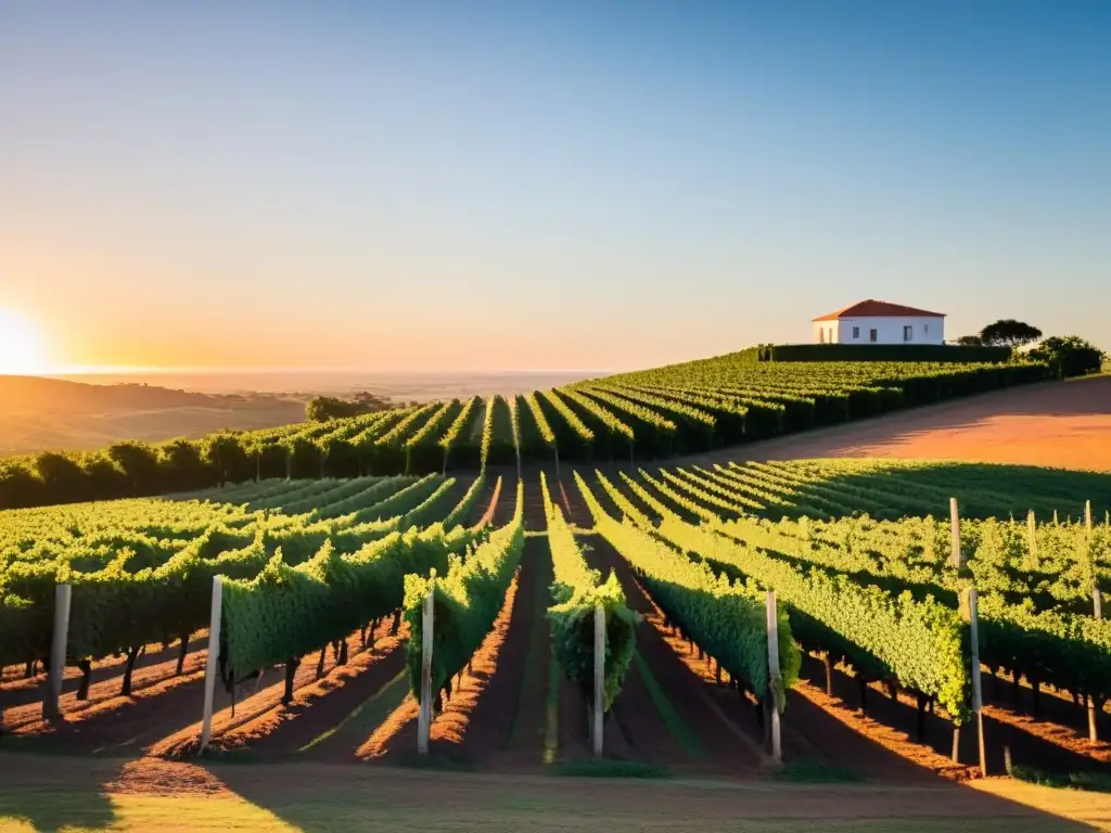 Atardecer dorado en la Ruta de lujo vinos Uruguay, con viñas bien cuidadas, bodega elegante y degustación de vinos