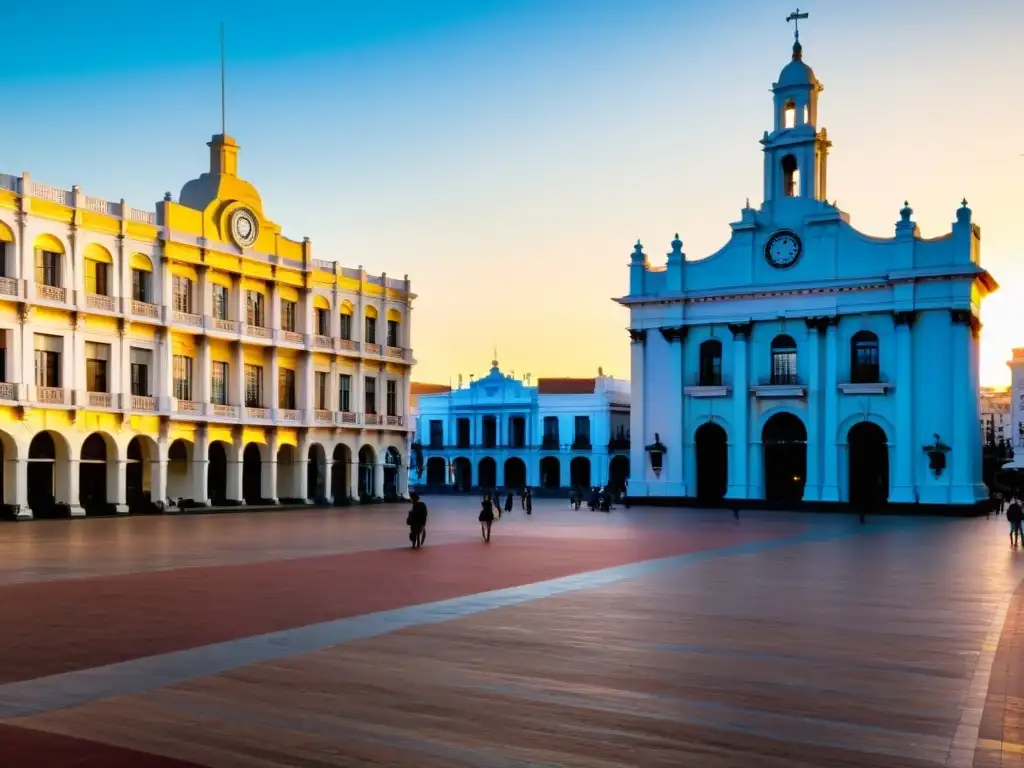 Atardecer dorado en los sitios patrimoniales de Uruguay, la plaza colonial de Montevideo con el Cabildo y el Teatro Solis