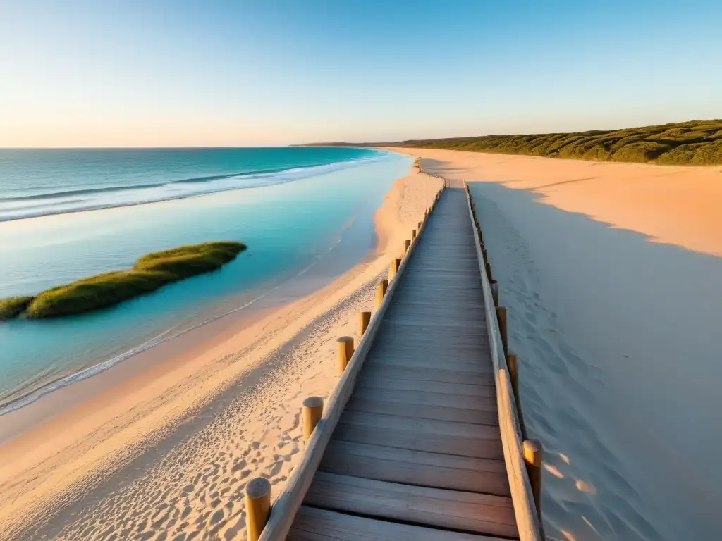 Atardecer dorado en Uruguay: consejos viaje accesible a playas, con paseo de madera facilitando el acceso a todos