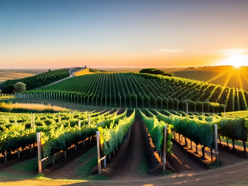 Atardecer dorado sobre viñedos de la Ruta del vino en Uruguay, con trabajadores recogiendo uvas y una bodega al fondo