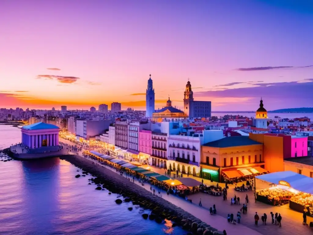 Atardecer en Montevideo, atracciones económicas Uruguay: mercado vibrante, edificios históricos y modernos, río brillante