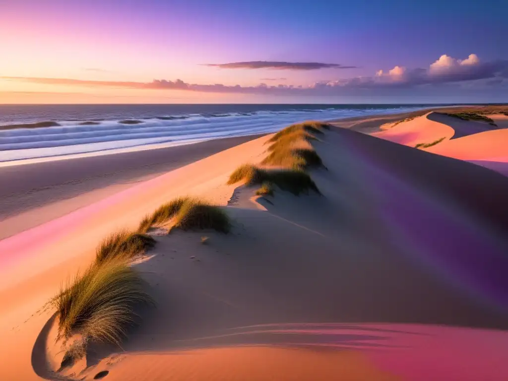 Atardecer en el ecosistema de dunas de la costa uruguaya, aves nativas revolotean y las olas del Atlántico acarician la orilla