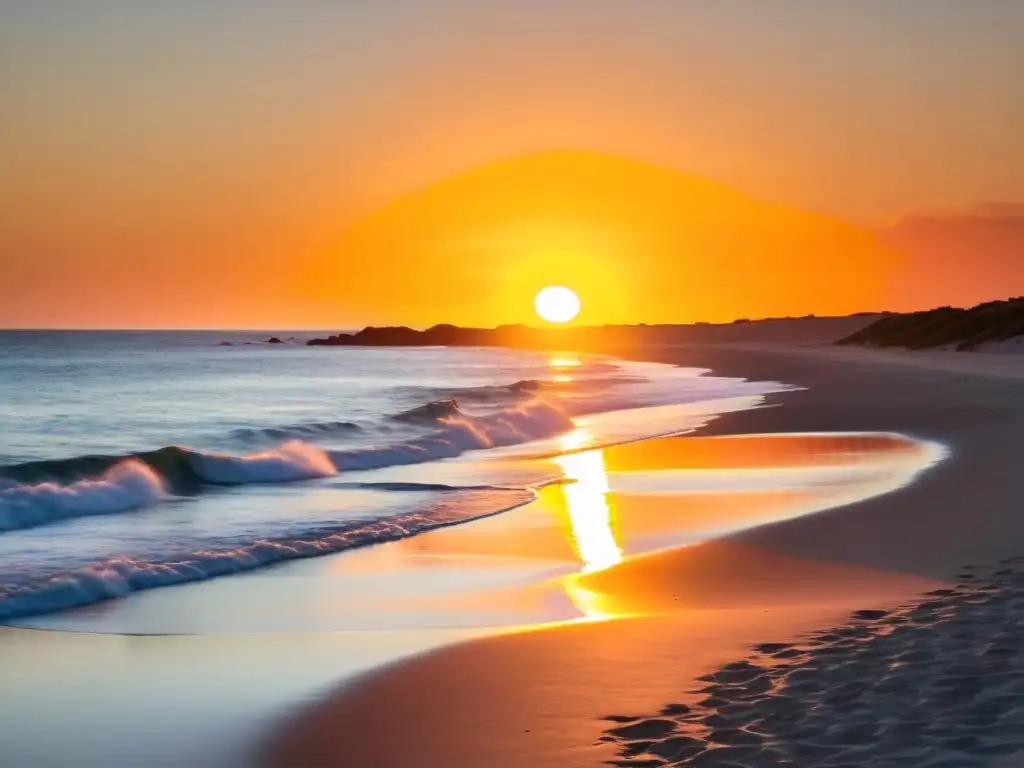 Atardecer épico en las playas escondidas de Uruguay litoral; un paraíso intacto con arenas blancas y acantilados imponentes bajo un cielo en llamas