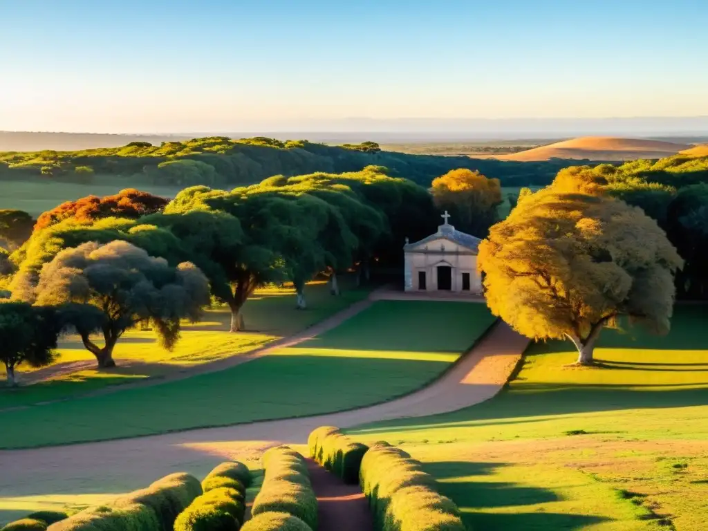 Atardecer en Estancia Jesuítica, patrimonio cultural en las rutas escénicas de Uruguay, con sus antiguos edificios de piedra y colinas verdes