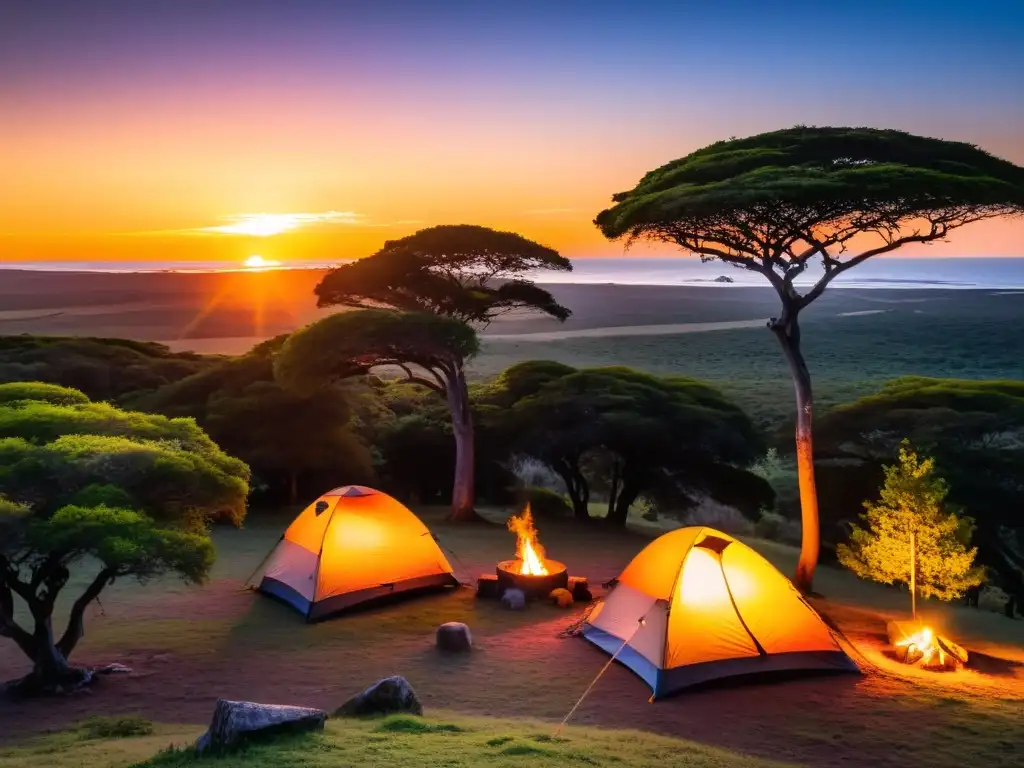 Un atardecer exquisito en las mejores áreas de camping en Uruguay, Santa Teresa, con tiendas acogedoras bajo un árbol majestuoso