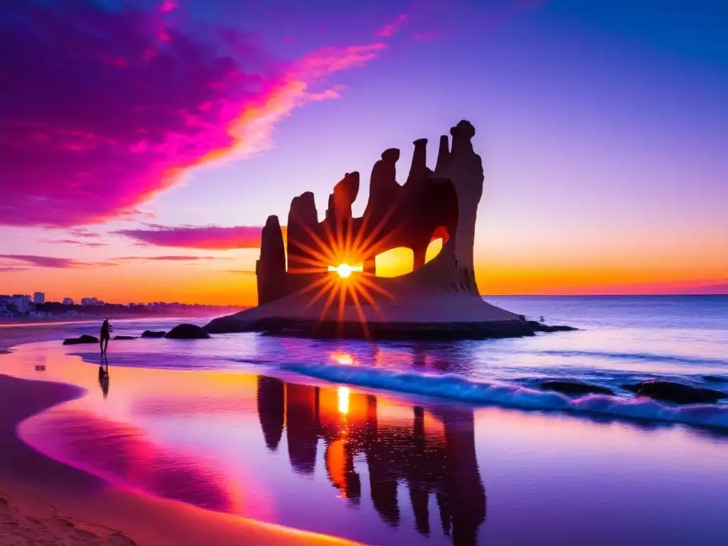 Atardecer fascinante en Punta del Este, uno de los lugares fotogénicos de Uruguay, con la 'La Mano' y yates dorados