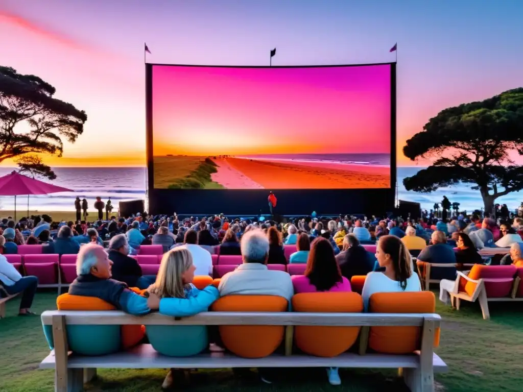 Atardecer en el Festival Internacional de Cine y Derechos Humanos Uruguay, con público absorto en un conmovedor documental bajo un cielo pintado de naranja y rosa