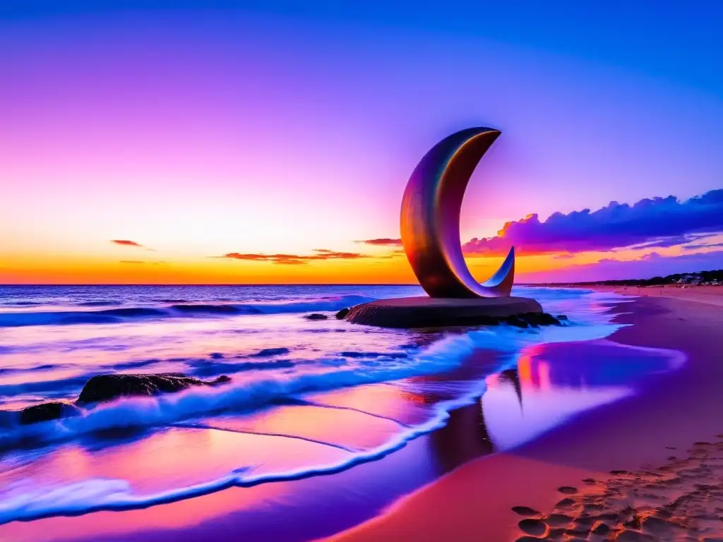 Un atardecer impresionante en el glamuroso destino de playa en Uruguay, Punta del Este, con la escultura 'La Mano' y un faro silueteado