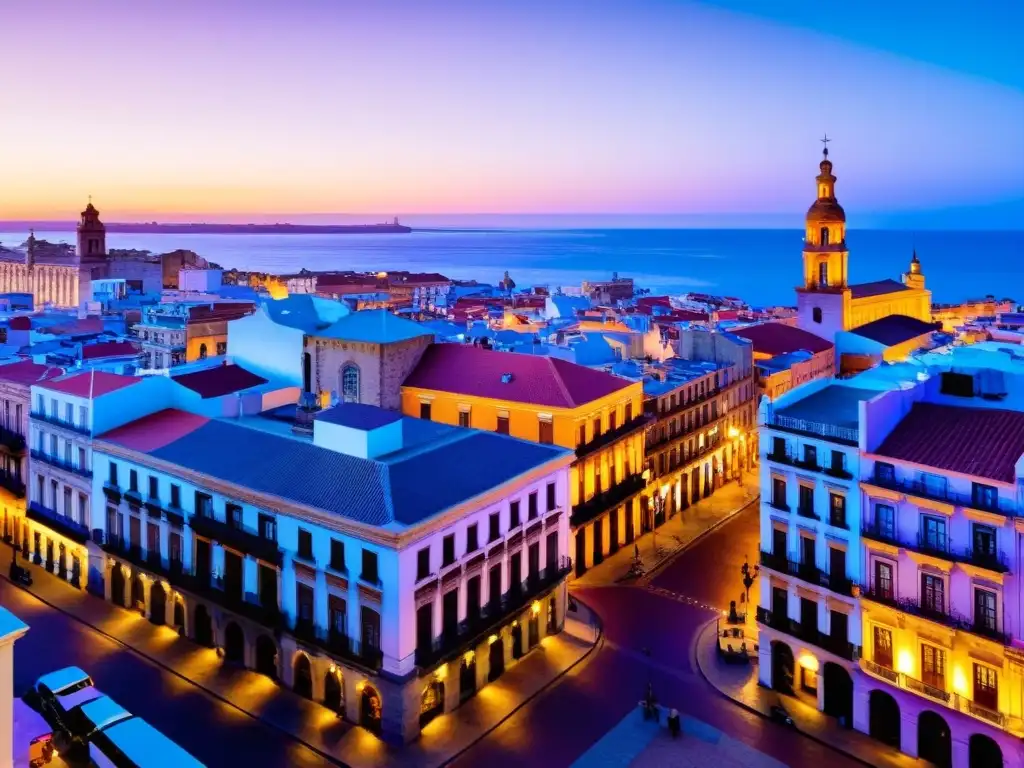 Atardecer en Montevideo, la influencia española en la arquitectura uruguaya brilla bajo el sol morado y naranja