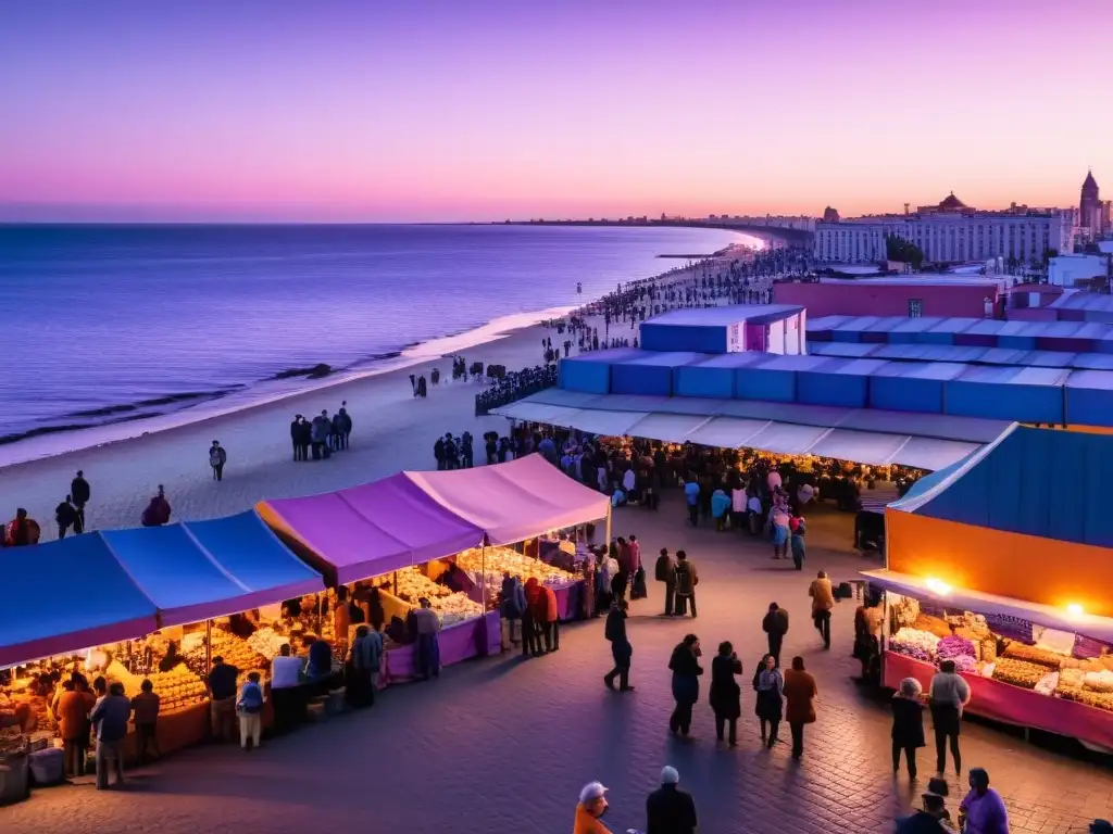 Montevideo al atardecer, lleno de vida y actividad económica; consejos para ahorrar dinero en Uruguay en su vibrante mercado local