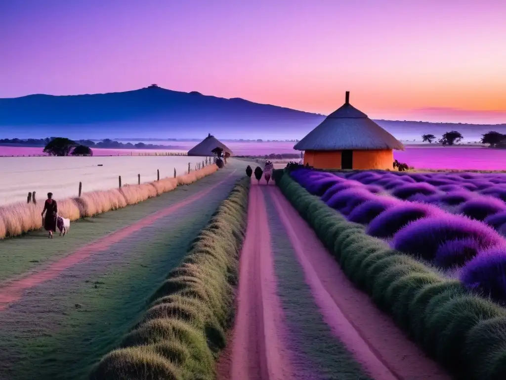 Atardecer mágico en el campo uruguayo, con leyendas uruguayas, mitos y tradiciones insinuados en siluetas y colores suaves