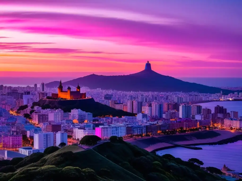 Atardecer mágico en el Cerro de Montevideo, donde la leyenda Cerro Montevideo mitos realidades se mezcla con la belleza histórica y natural de Uruguay