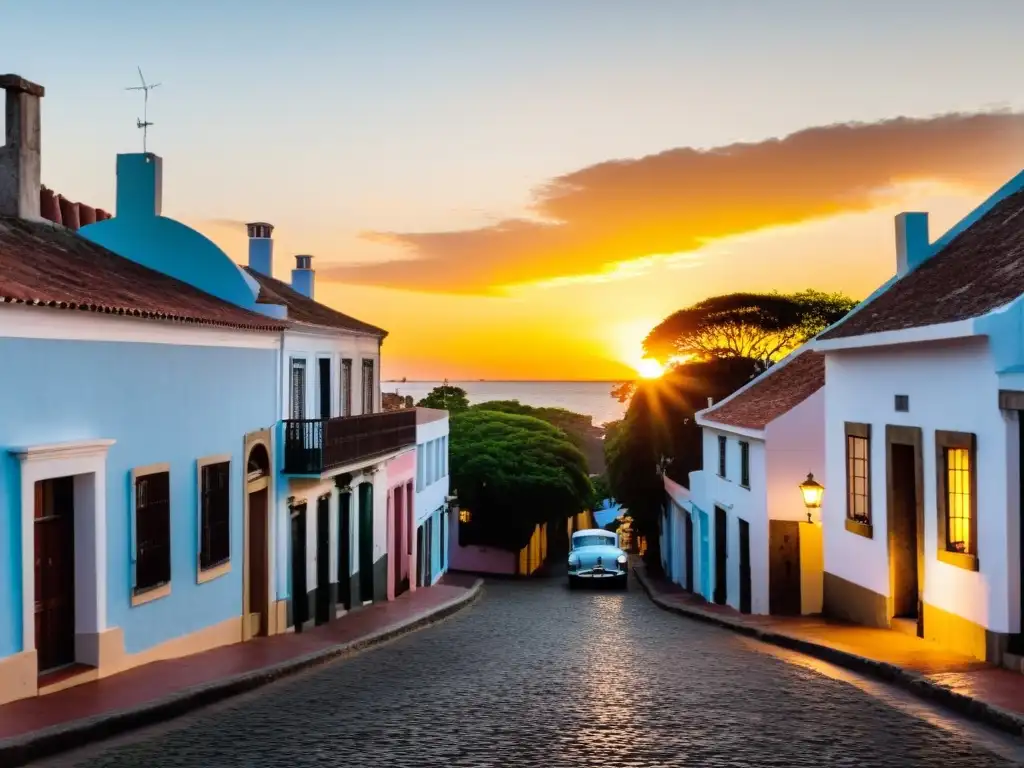 Fotografía de viaje en Uruguay: Atardecer mágico en Colonia del Sacramento, con casas coloniales y un coche vintage