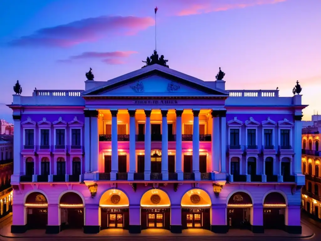 Un atardecer mágico baña con su luz el majestuoso Teatro Solís, joya de los teatros históricos en Uruguay