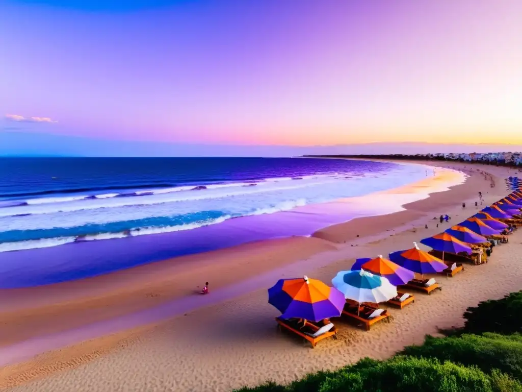 Atardecer mágico en una de las mejores playas familiares de Uruguay, niños jugando y padres bajo sombrillas coloridas, rodeados de la belleza natural