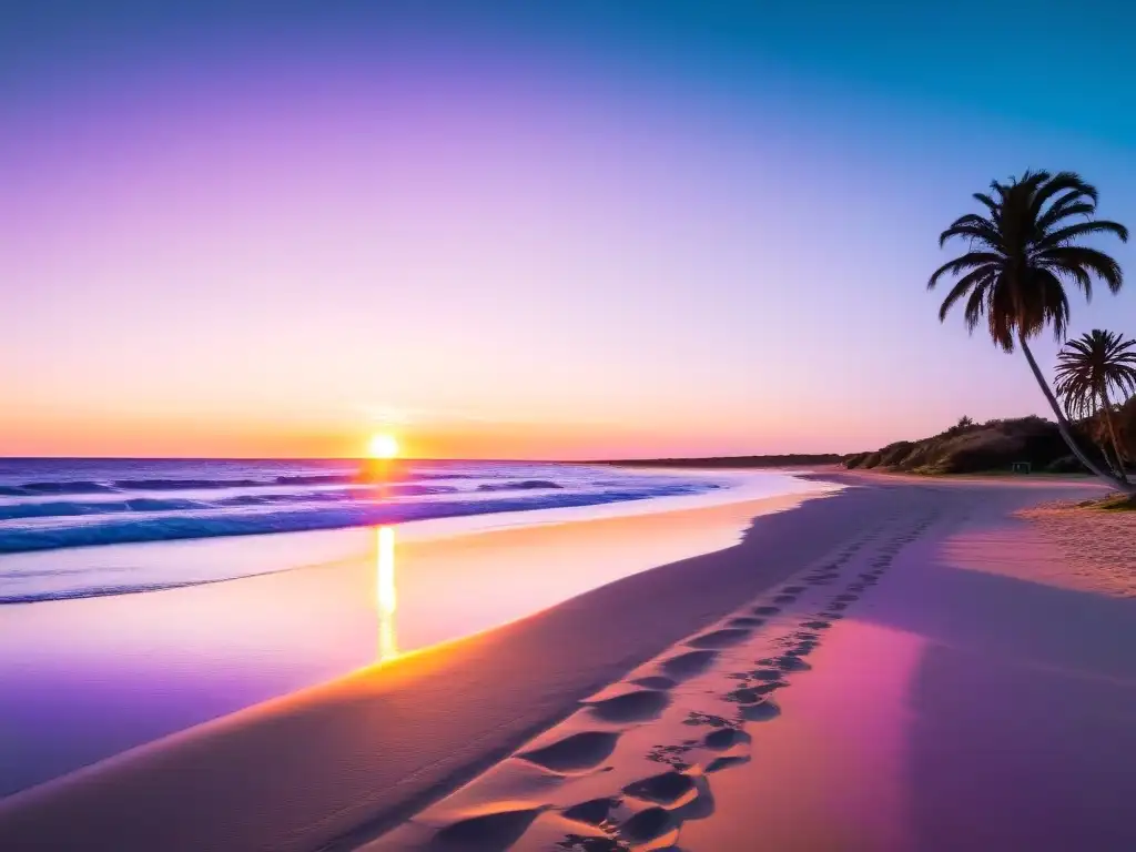 Un atardecer mágico en las Playas de Oro en Uruguay, con palmeras, mar turquesa y risas de niños jugando al fútbol