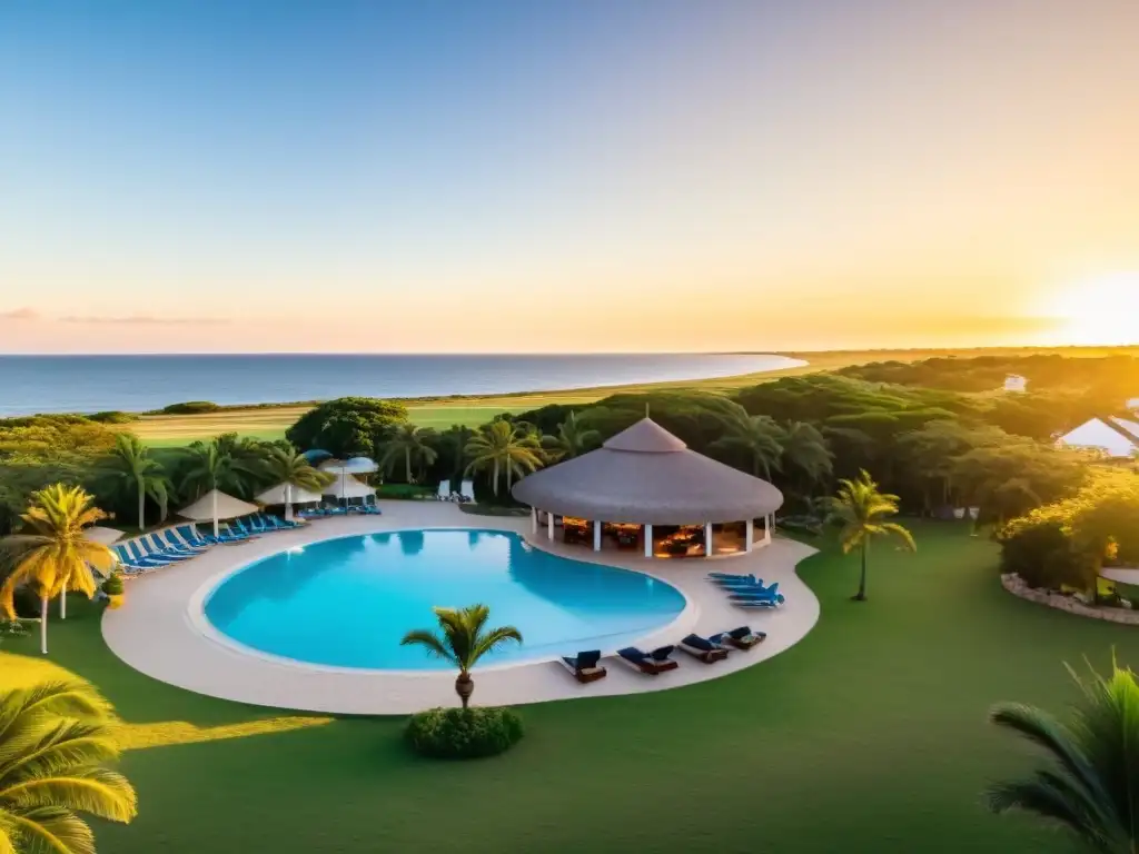 Atardecer en uno de los mejores alojamientos para niños en Uruguay, con familias disfrutando de piscinas, juegos y comidas al aire libre