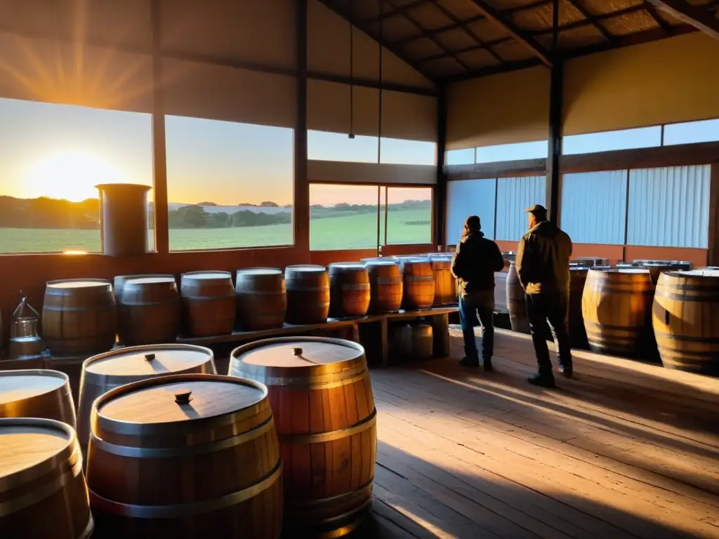 Atardecer en una de las mejores cervecerías artesanales en Uruguay, donde el sol dorado ilumina el proceso de elaboración y la gastronomía local