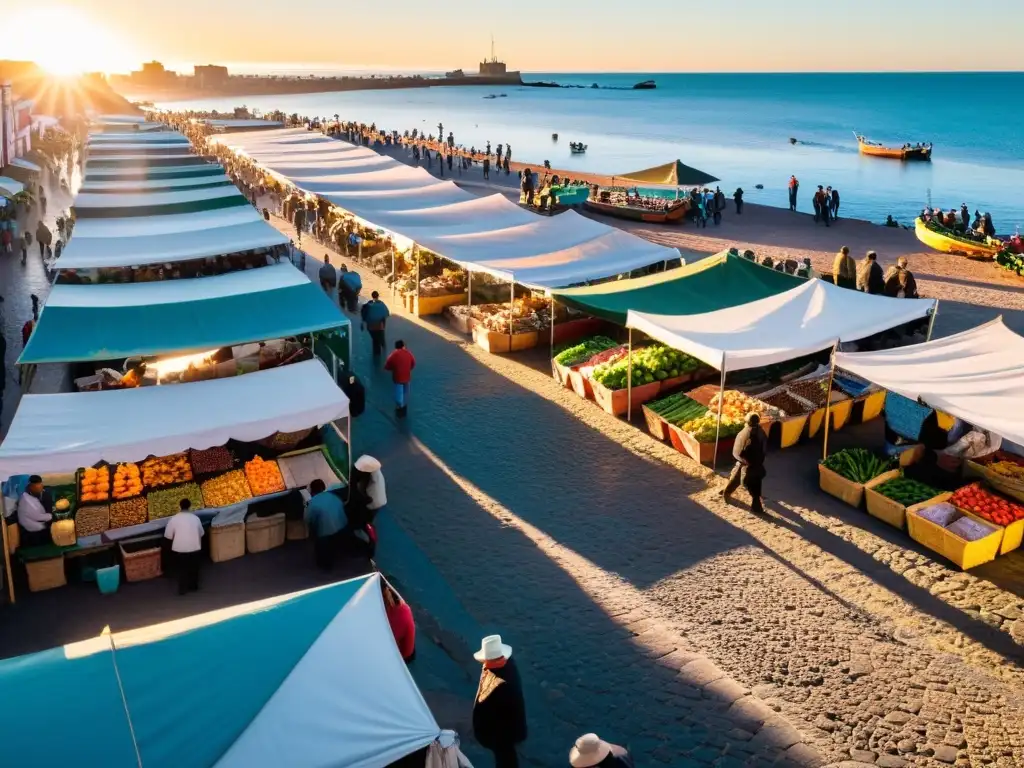 Atardecer en un mercado costero uruguayo, lleno de vida y Gastronomía de la Costa en Uruguay; vendedores y visitantes dan vida al lugar