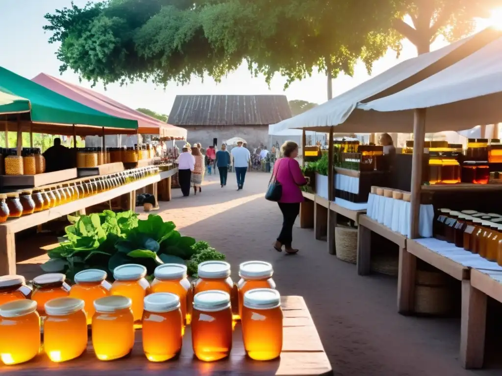 Atardecer en un mercado vibrante de Uruguay, repleto de tiendas naturistas orgánicas, ofreciendo miel, aceites esenciales y productos frescos