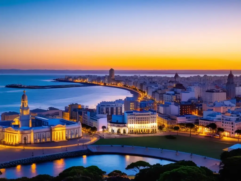 Atardecer en Montevideo, donde alojamientos accesibles en Uruguay realzan la belleza arquitectónica, con personas disfrutando libremente