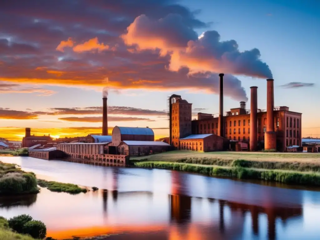 Atardecer en el Paisaje Industrial Fray Bentos, Uruguay, donde antiguas chimeneas sobresalen entre la vegetación y el río